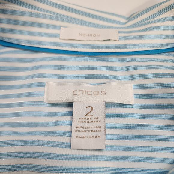 Chicos Womens No Iron Striped Shirt Large Blue White Metallic Stripe 3/4 Sleeves - Picture 5 of 8